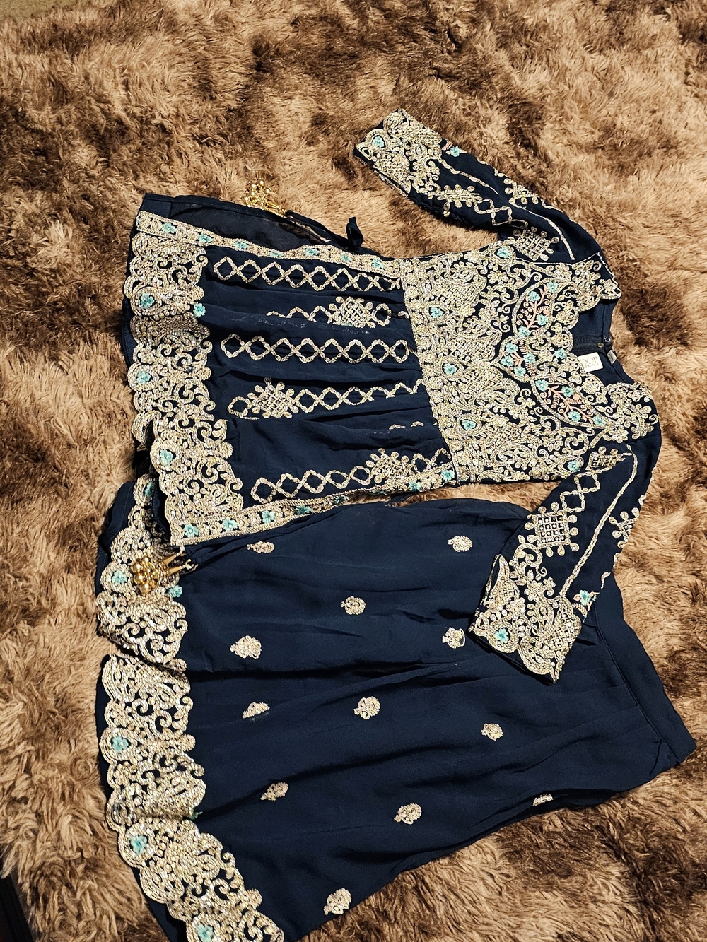 Elegant Navy Blue Kids Matching Set with Gold Embroidery